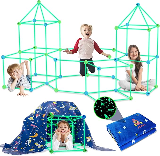 160PCS Kids Fort Building Kit Glow in the Dark Build a Fort with Blanket STEM Educational Toys for 4 5 6 7 8 9 10 11 12 Years Boys Girls Ultimate Construction Gift DIY Forts Builder Set Indoor Outdoor