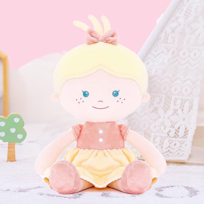 Onetoo Soft Baby Doll for Girls - Plush Rag Doll Sleeping Cuddle Buddy - Yellow Dress, 14"
