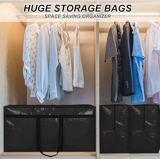 Windyun 4 Pack 98 Gallon Extra Large Storage Bags XXL Moving Bags with Zipper Handles Heavy Duty Jumbo Big Totes Box for Halloween Skeleton 4-12 Feet Christmas Tree Storage College Dorm Cloth (Black)