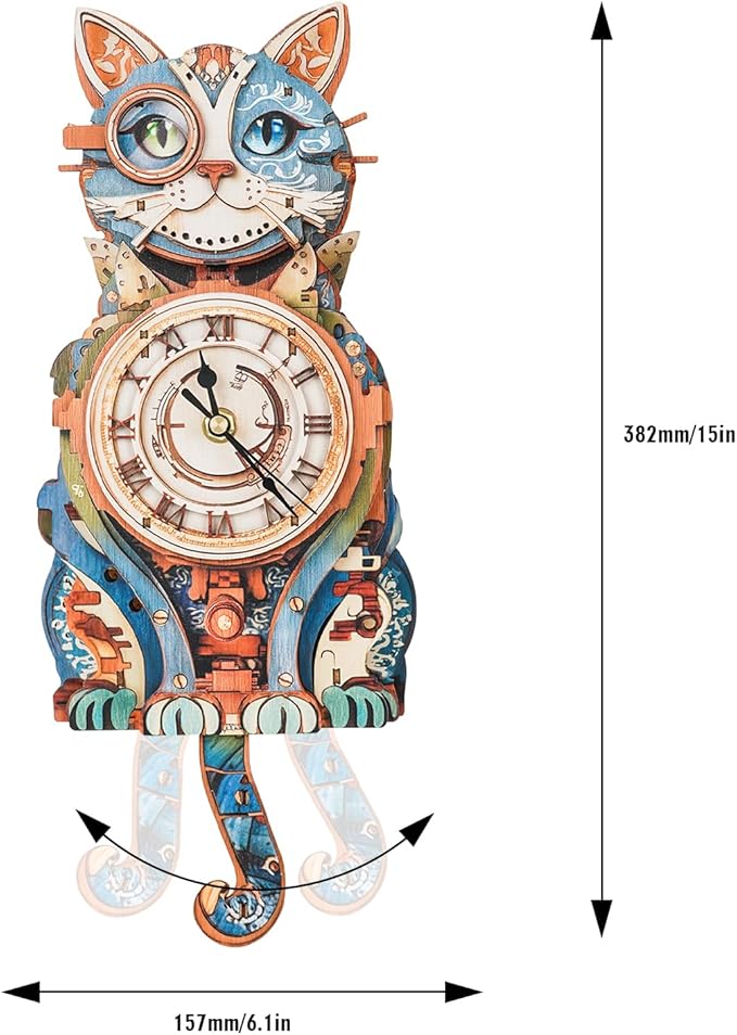 3D Puzzles for Adults Clock-Cat Detective Design Model Kit-Mechanical DIY Pendulum Clock with Roman Numerals-Desk Home Office Decor Personalized Gift for DIY Lovers