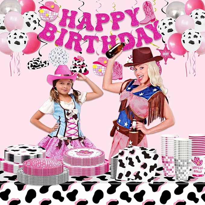 158 PCS Cowgirl Birthday Party Decorations Disco Cowgirl Party Supplies - Includes Plates, Napkins, Cups, Banner, Hanging Swirl, Tablecloth, Balloon for Western Cowgirl Party Decorations, Serve 30
