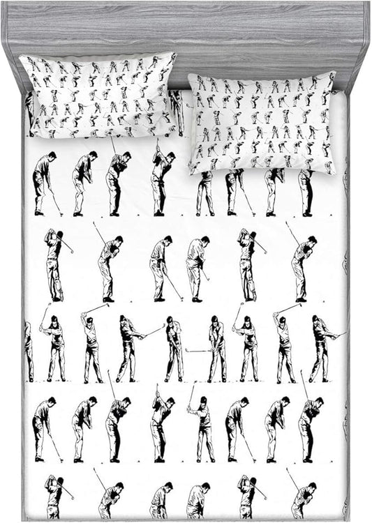 Ambesonne Golf Fitted Sheet & Pillow Sham Set, Golf Swing Shown in 14 Stages Sports Hobby Themed Sketch Art Storyboard Print, Decorative Printed 3 Piece Bedding Decor Set, Full, White Charcoal
