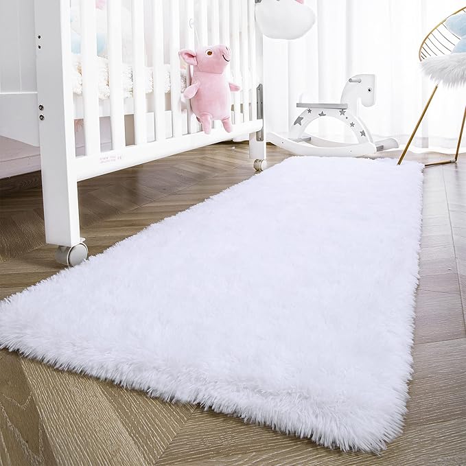 Ompaa Fluffy Runner Rugs, 2x6 Feet White, Super Soft Shaggy Carpet Fuzzy Long Fur Rug for Bedroom Living Room Dorm, Plush Kids Playroom Baby Girls Nursery Decor Mats