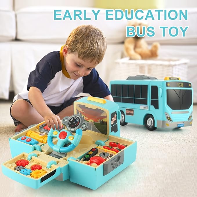 HONGTUO Bus Toy with Sound and Light, Simulation Steering Wheel Gear Toy, Toddlers Bus Toys with Music Education Knowledge Simulation Driving Bus Toys, Gift for 1-3-5 Boys & Girls