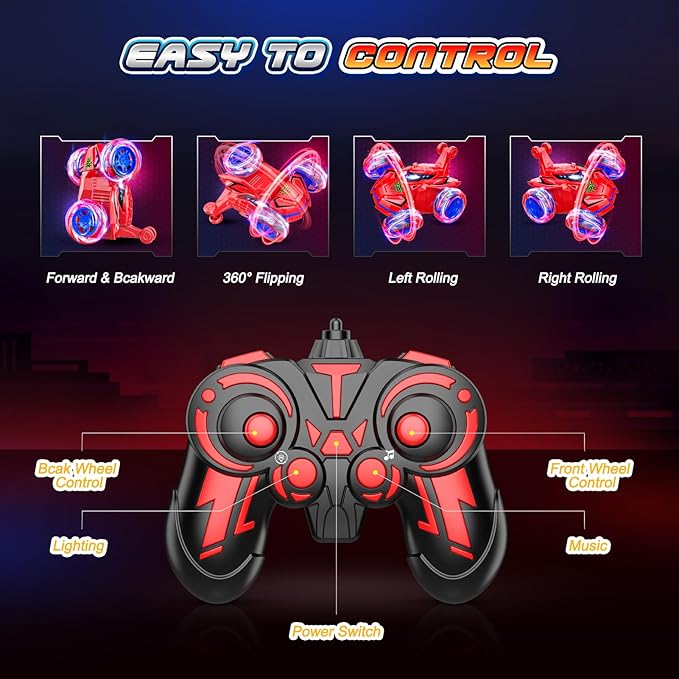 Remote Control Car, Boys Toys Age 4-6 6-8 8-12 360° Rotating 2.4GHz Fast Stunt RC Cars with Cool Lights Music 4WD Off Road RC Crawlers Birthday Party Outdoor Xmas Gifts for 3-12 Year Old Boys