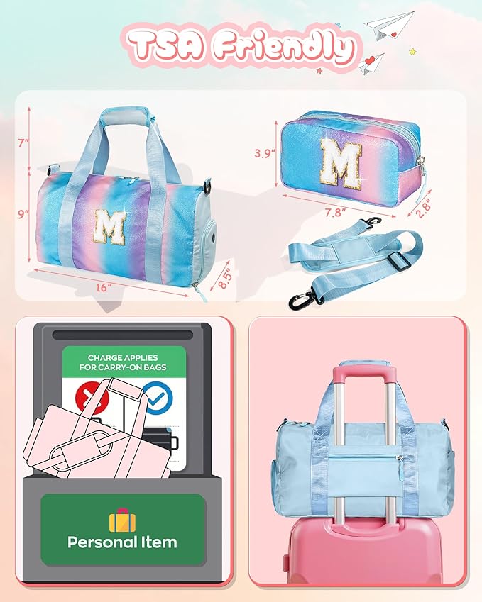 Christmas Gifts for Girls-Girl Gym Bag with Shoe Compartment, Kid Personalized Weekender Overnight Bags, Initial Travel Tote with Makeup Pouch, Gift Ideas for Niece Sister (Letter W)