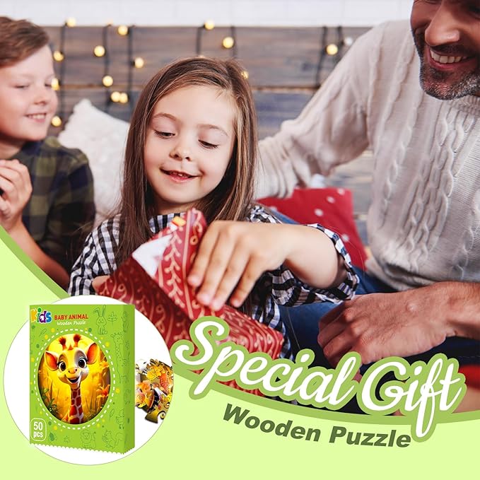 Christmas Birthday Gifts for Kids Girls Boys, Wooden Jigsaw Puzzles for Kids Ages 4-6, 50 Piece Unique Shape Animal Theme Puzzle - Preschool Learning Educational Toys for Kid 3+ (Giraffe)