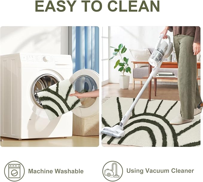 OJIA Washable 5'x8' Area Rugs, Green Tufted Sun Rug Living Room Rugs, Cotton Boho Bedroom Rug Farmhouse Nursery Rug Bohemian Floor Carpet for Playroom/Nursery/Classroom/Kids Room