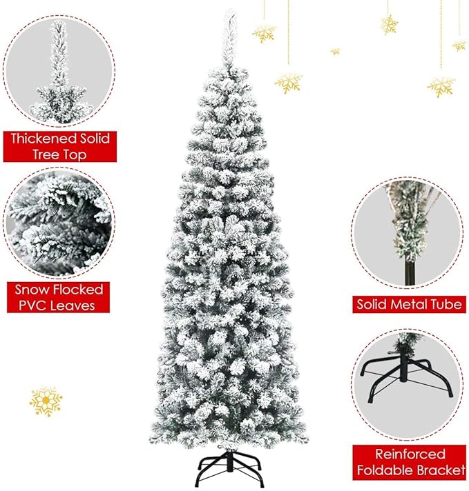 Happygrill 6FT Snow Flocked Pencil Christmas Tree Slim Artificial Xmas Tree Skinny Fake Tree for Indoor Outdoor Festival Decoration