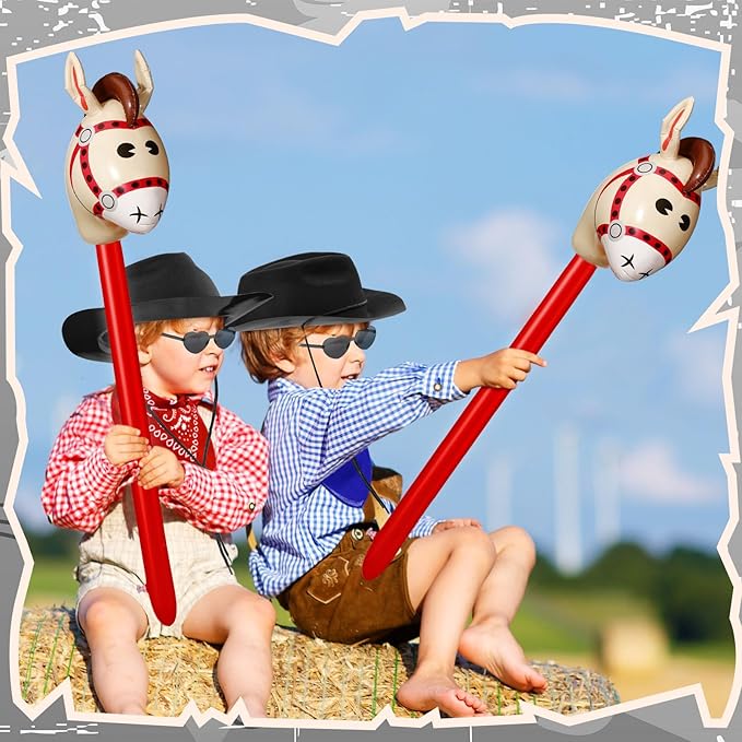Xtinmee 48 Pcs Kids Cowboy Party Favor with Cowboy Hats Inflatable Stick Horses Bandanas Heart Glasses for Kid Costume(Black)
