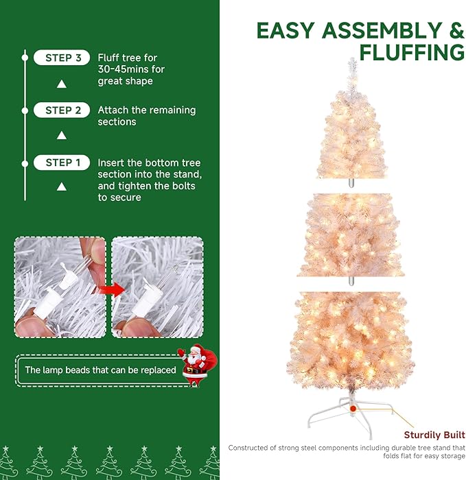 SHareconn 7.5ft Prelit Artificial Hinged Slim Pencil Christmas Tree with Warm White Lights, Full Branch Tips, Perfect Choice Decoration for Xmas Holiday, 7.5 FT, White