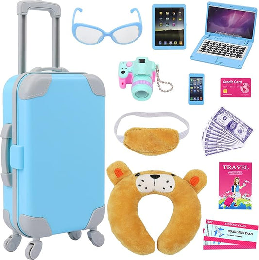 ZITA ELEMENT 22 Pcs 18 Inch Boy Doll Clothes Suitcase Set for 19 Inch Boy Doll Accessories Travel Carrier Storage, Including Suitcase Pillow Blindfold Sunglasses Camera Computer