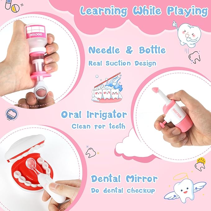 Doctor Kit for Toddlers 3-5, 28 Pcs Kids Dentist Set for Girls Boys Gift, Pretend Medical Kit With Chair, Dental Tools, Cute Doll, Role Play Dentist Gift for Birthday Christmas (Pink)