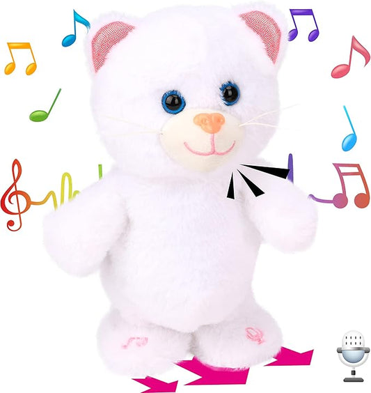 Hopearl Talking Kitty Singing Cat Repeats What You Say Walking Electric Interactive Animated Toy Speaking Plush Buddy Gifts for Toddlers, White, 8''