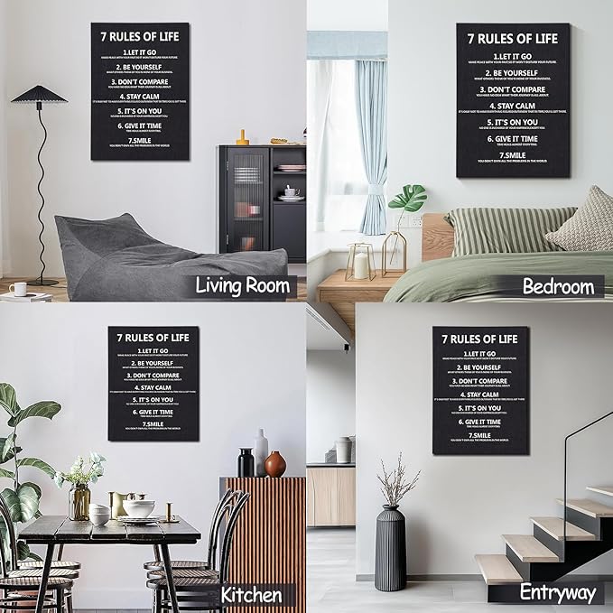 7 Rules of Life Motivational Wall Decor Inspirational Wall Art for Office & Home - Positive Quotes Canvas Prints Ready to Hang, Uplifting Wall Decor for Living Room, Bedroom or Office Wall Art