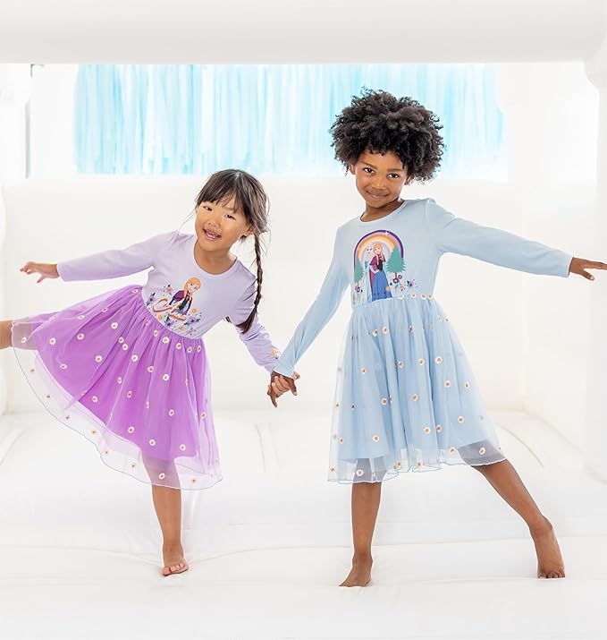 Disney Frozen Elsa Princess Cinderella Ariel Jasmine Rapunzel Baby/Toddler Dress, Ruffle Long-Sleeve Mesh Overlay Tulle Dress