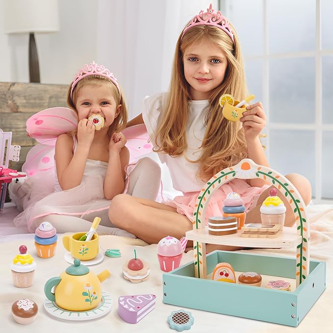 Wooden Tea Party Set for Little Girls, Tea Set Toddler Girl Toys, Pretend Play Tea Sets for Toddlers 3-5, Wooden Toys with Cupcake Stand & Play Kitchen Accessories for 3 4 5 6 Years Old Gifts