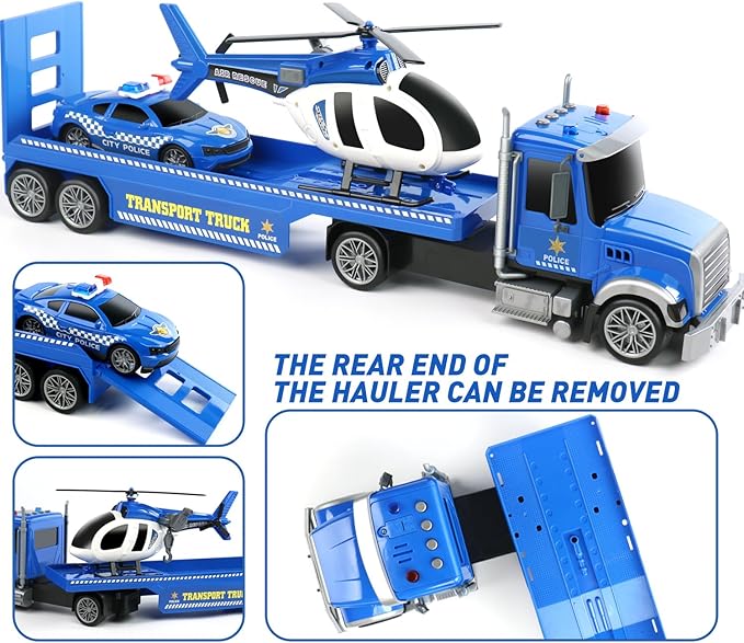 Dwi Dowellin 27" Large Friction Powered Police Truck Toy with Car and Helicopter,Semi Truck Toys for 3 4 5 6 Years Old Toddlers Kids Boys & Girls Gift