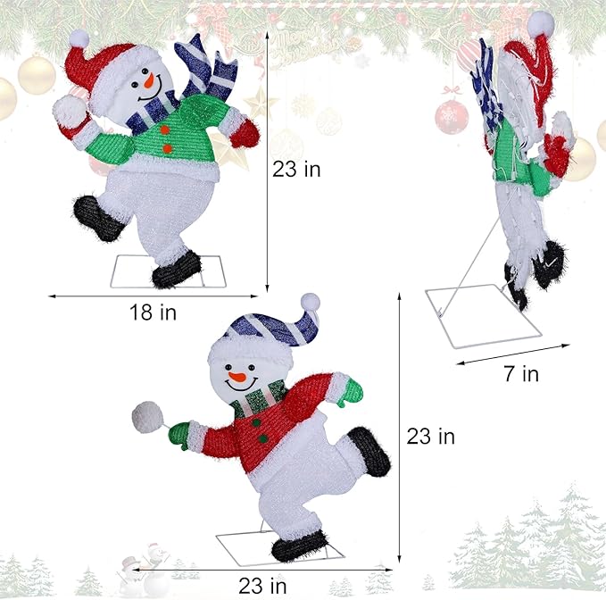 Hausse Set of 2 Lighted Snowmen Christmas Decorations, Pre-Lit 2D Tinsel Cute Snowman Snowball Fight with Lights, Light Up & Plug in for Indoor Outdoor Xmas Winter Holiday Yard Lawn Garden Decor