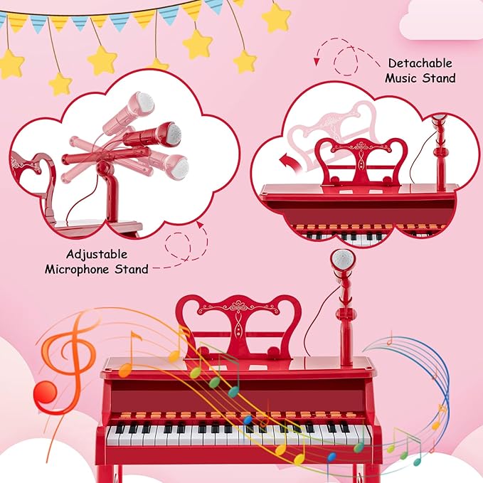 HONEY JOY Kids Piano, 37-Key Red Kids Keyboard Piano w/ Music Stand & Bench, Gift for Babies w/ Microphone, Portable Electronic Educational Musical Instrument, Toddler Piano for Girls Boys