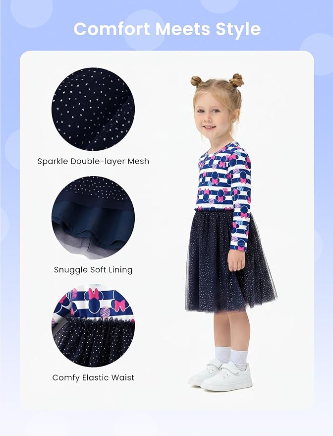 Disney Frozen Elsa Princess Cinderella Ariel Jasmine Rapunzel Baby/Toddler Dress, Ruffle Long-Sleeve Mesh Overlay Tulle Dress