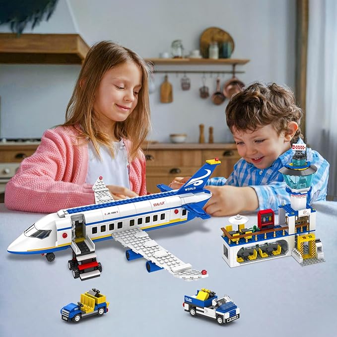 886 Pcs City Airport Passenger Terminal Building Set, 6 IN 1 Airplane Building Blocks Toy, STEM Aircraft Bricks with Shuttle Bus,Luggage Cart,Planes Model Toys Gifts for Adults Boys Ages 6-12+