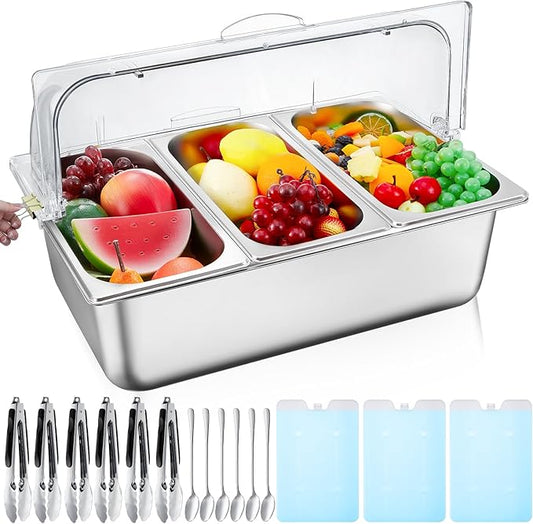Tessco for you 16 Pcs Countertop Chilled Condiment Container Set with Lid, Stainless Steel Salad Cold Ice Food Spice Serving Display Caddy for Buffet Restaurant Kitchen Party(3 Compartments)