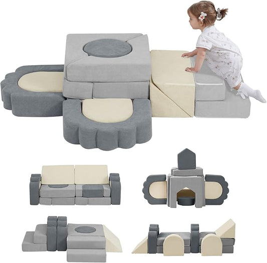 13 Pieces Foam Climbing Blocks for Toddlers 1-3|Kids Floral Soft Play Climbing for Indoor,Infant Modular Crawing Toys with Washable Cover for Playroom,Bedroom,Nursery and Preschool,Gray & Beige