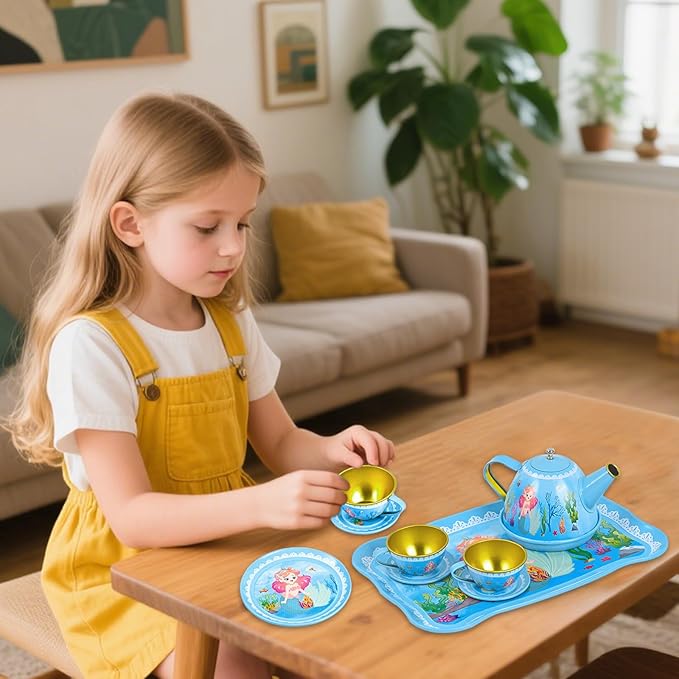 Mermaid Tea Party Set for Little Girls Ages 3-6, 15-Piece Pretend Play Kitchen Toys with Teapot, Cups, Plates & Storage Case, Princess Gift Set (Blue)
