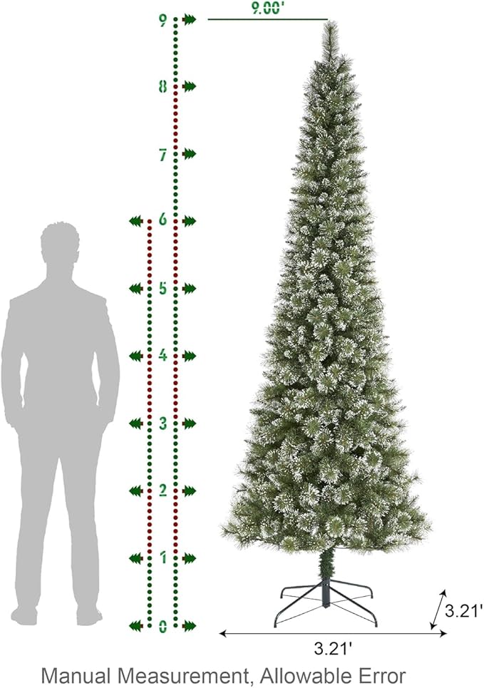 Glitzhome 9ft Prelit Christmas Tree, Artificial Christmas Trees, Portland Cashmere Pine Pencil Tree with 350 Warm White/Multi-Color C3 Clear LED Lights, 9 Function w/Remote Control, Easy Assembly
