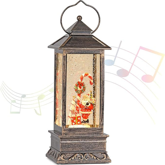 Christmas Musical Snow Globe Lantern, 12 Inch Spinning Glittering Lantern with 6 Hours Timer, USB Powered & Battery Operated for Christmas Decorations (Santa Claus and Candy Cane)