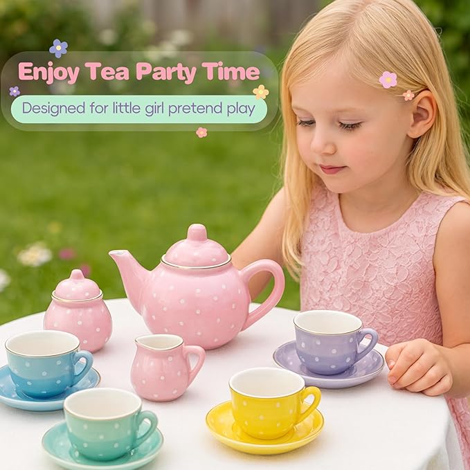Porcelain Tea Set for Toddlers, Tea Party Set for Little Girls, Kids Tea Set Kitchen Pretend Play, Princess Tea Time Playset with Teapot Cups Carry Case, Toddler Girl Toys Birthday Gifts Age 3+