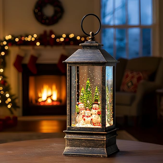 10'' Musical Snow Globe Lantern Lighted Snowman Family Water Lantern Swirling Glittering Home Decoration and Gift, Battery Operated or USB Powered