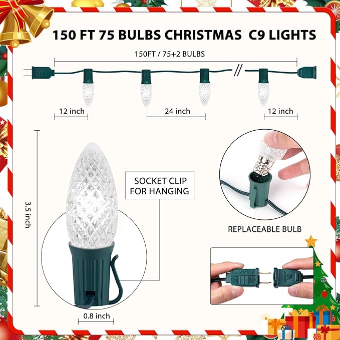 Minetom C9 LED Commercial Outdoor Christmas Lights 150 FT Heavy Duty Connectable UL Certified Pure White C9 Lights for Indoor Roofline Xmas Decor