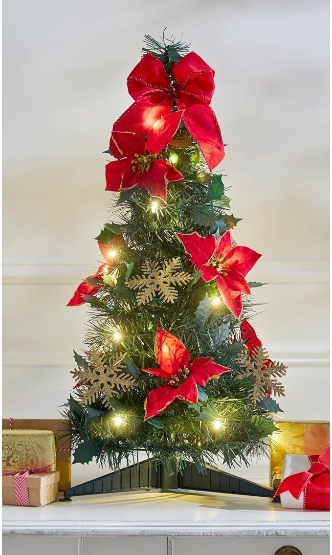 Fully Decorated Pre-Lit 2' Pop-Up Tabletop Christmas Tree - Poinsettia