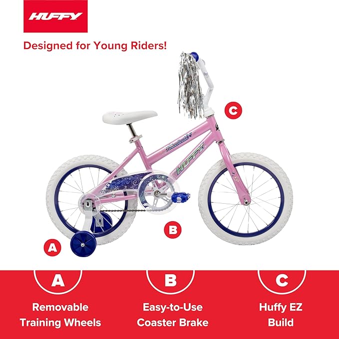 Huffy Illuminate Bike for Girls, 12/16/20 Inch Size Options, Ages 3+ Years Old, Removable Training Wheels (12" and 16" Only), Multiple Color Options, Easy Assembly, Streamers, Adjustable Seat, Durable