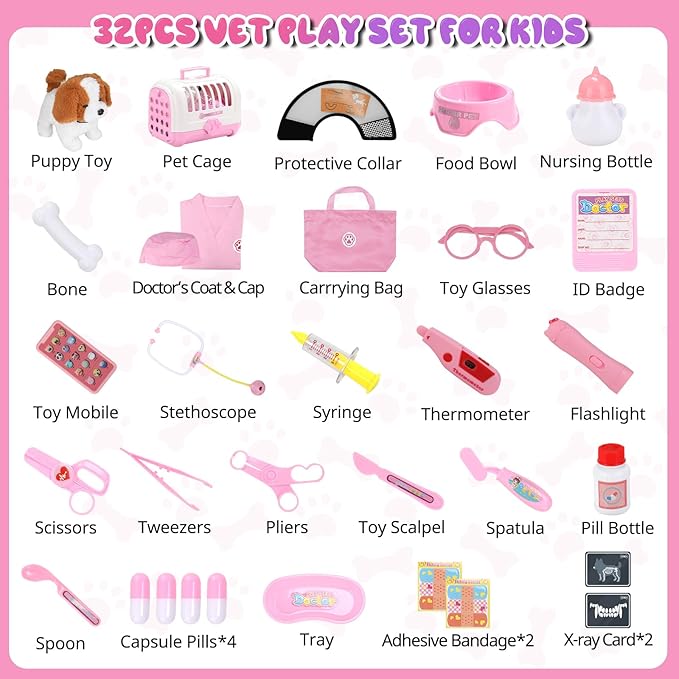 UBeesize Dog Toy Doctor Kit for Toddlers 3-5, Kids Doctor Play Set with Plush Dog, Medical Toy Kits and Costume, Pretend Vet Playset for 3 4 5 6 Year Old Girls Birthday Gift Pink