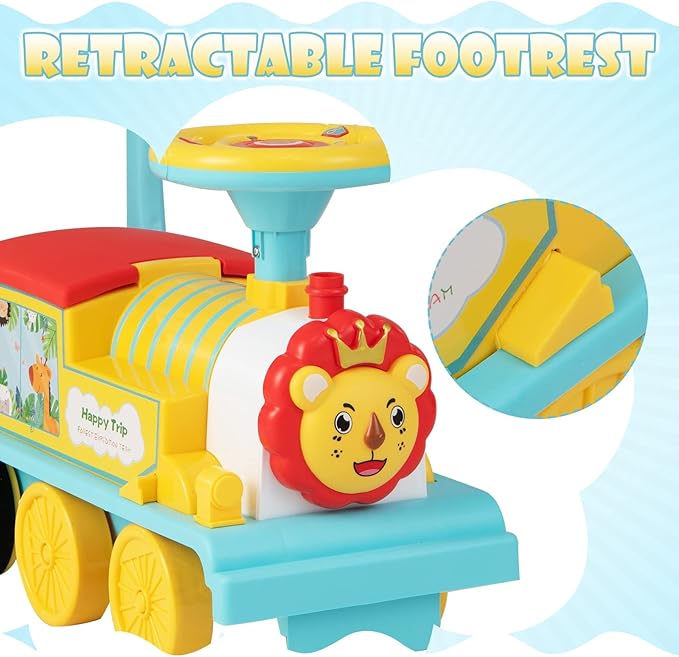 OLAKIDS Kids Ride On Train with Track, 6V Electric Toy with Lights and Sounds, Retractable Footrest, Under Seat Storage, Christmas Theme Battery Powered Gift for Toddlers Boys Girls (Lion)