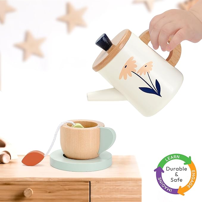 PairPear Wooden Tea Set for Toddlers,Wooden Toys Tea Party Set Play Kitchen Accessories for Kids Girls and Boys 3 Years and up,Toddler Princess Tea Time Party Food Toys