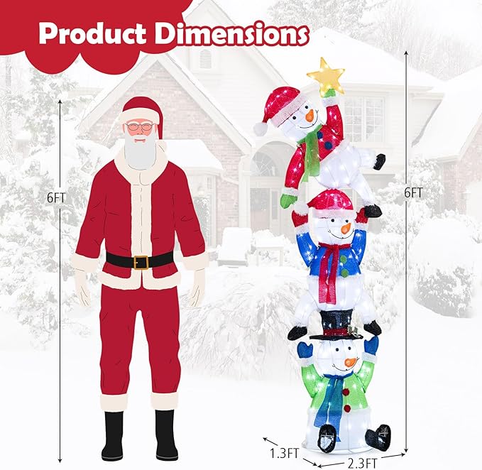 Tangkula 6 FT Lighted Christmas Stacked Snowman Set, Light-up Christmas Decoration with 155 LED Lights, Ground Stakes & Zip Ties, Pre-Lit Snowman Ornament for Indoor and Outdoor Yard, Garden & Lawn