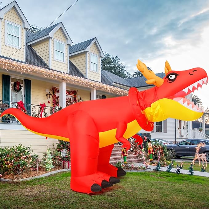 COMIN 9.5FT Christmas Inflatables Dinosaur Outdoor Yard Decoration Xmas Shakable Dino Blow Up with Built-in LEDs for Indoor Party Lawn Garden Decor