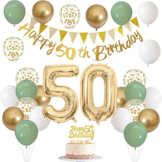 50th Birthday Decorations for Men Women, Sage Green White Gold Balloons with 50th Banner Number 50 Balloon for 50 Year Old Birthday Party Decor