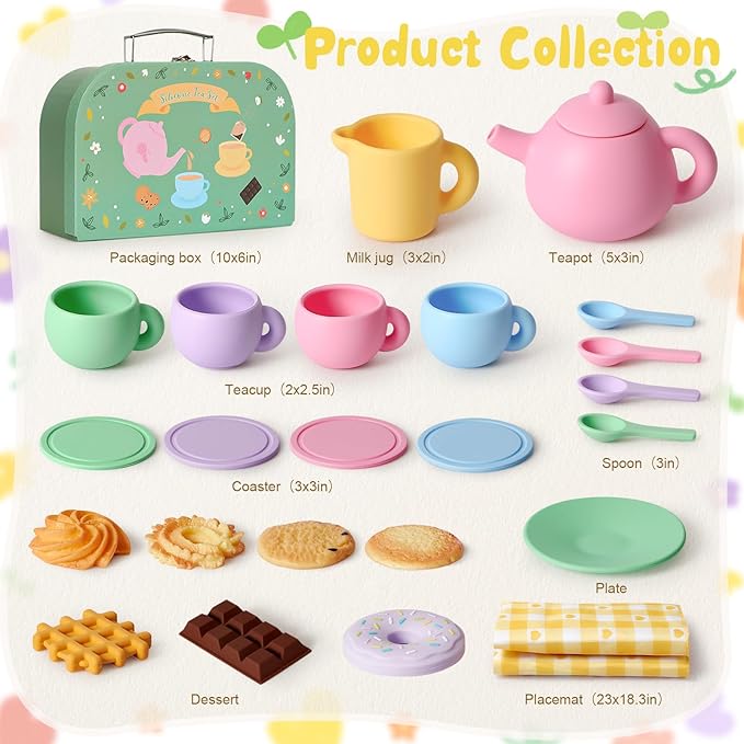 Golray Silicone Tea Sets for Toddlers 3-5, 22pcs Washable Tea Party Set with Storage Box/ Picnic Cloth, Pretend Play Kitchen Accessories Birthday Gifts Girls Toys for Kids 3 4 5 6 Years Old