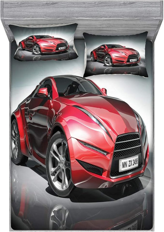 Ambesonne Cars Fitted Sheet & Pillow Sham Set, Modern Era Sports Car Designed for Spirited Performance and Fast Speed Racing Print, Decorative Printed 3 Piece Bedding Decor Set, Full, Grey Red