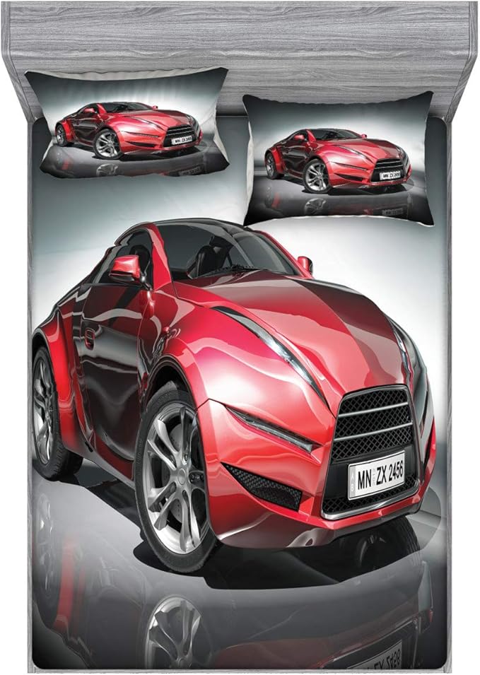 Ambesonne Cars Fitted Sheet & Pillow Sham Set, Modern Era Sports Car Designed for Spirited Performance and Fast Speed Racing Print, Decorative Printed 3 Piece Bedding Decor Set, Queen, Grey Red