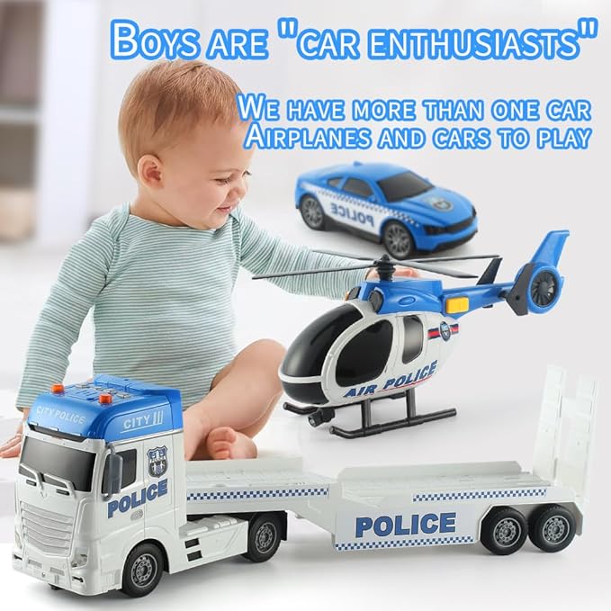 25" Police Toys Vehicle Truck Push & Go Rescue Playset 3 in 1 Includes Mini Police Car and Helicopter Toy in Semi Carrier Truck Gift for Toddlers Boys Age 3+(Police Trailer)