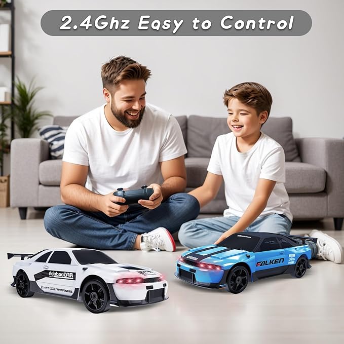 2.4GHz High Speed RC Drift Car, LED Lights, 4WD, Two Batteries Included, Drift Tires, for Kids & Adults, White