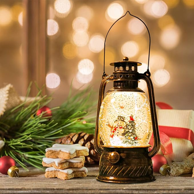 Christmas Snow Globe Lantern with Swirling Glitter and Battery & USB Powered Light 6H Timer for Christmas Home Decoration and Gift (Christmas Tree and Snowman)