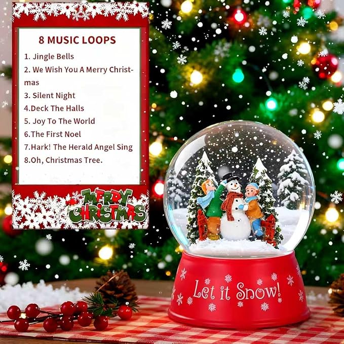 120mm Christmas Snow Globe Lamp - Red Base Musical Holiday Decoration Xmas Tree & Snowman with Timer, USB Power, Festive Room Light, Best Gift for Christmas,New Year