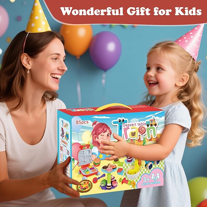 85 PCS 3 in 1 Dough Sets for Kids Ages 3-4-8, Art Crafts Dough Tools Kit, Train Engine Noodle Playset with Light & Sound, Hamburger Machine, Dessert Rack, Kitchen Creations Food Play Toys Boys Girls